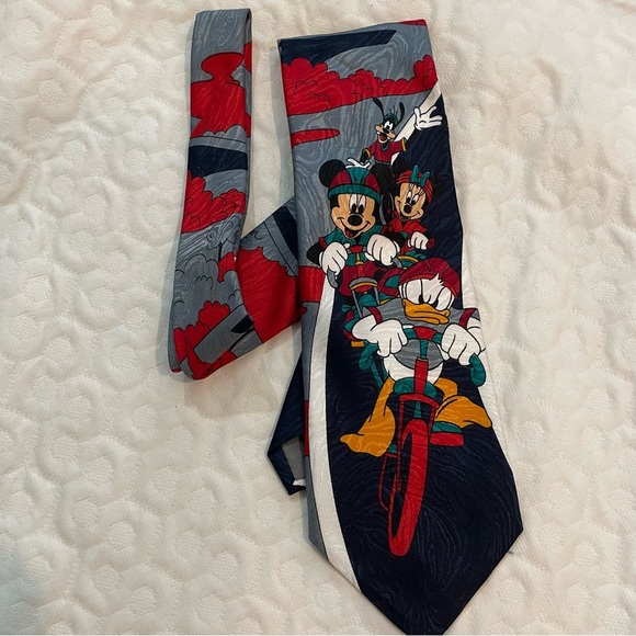 Vintage Disney Unlimited Character Neck Tie Red Gray Cycling Mickey Donald Goofy - Picture 1 of 5